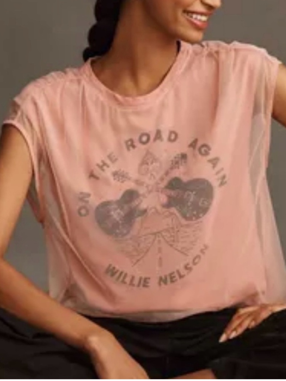 Pilcro Graphic Tee Willie Nelson On The Road Again in Pink W/ Tulle Size Medium